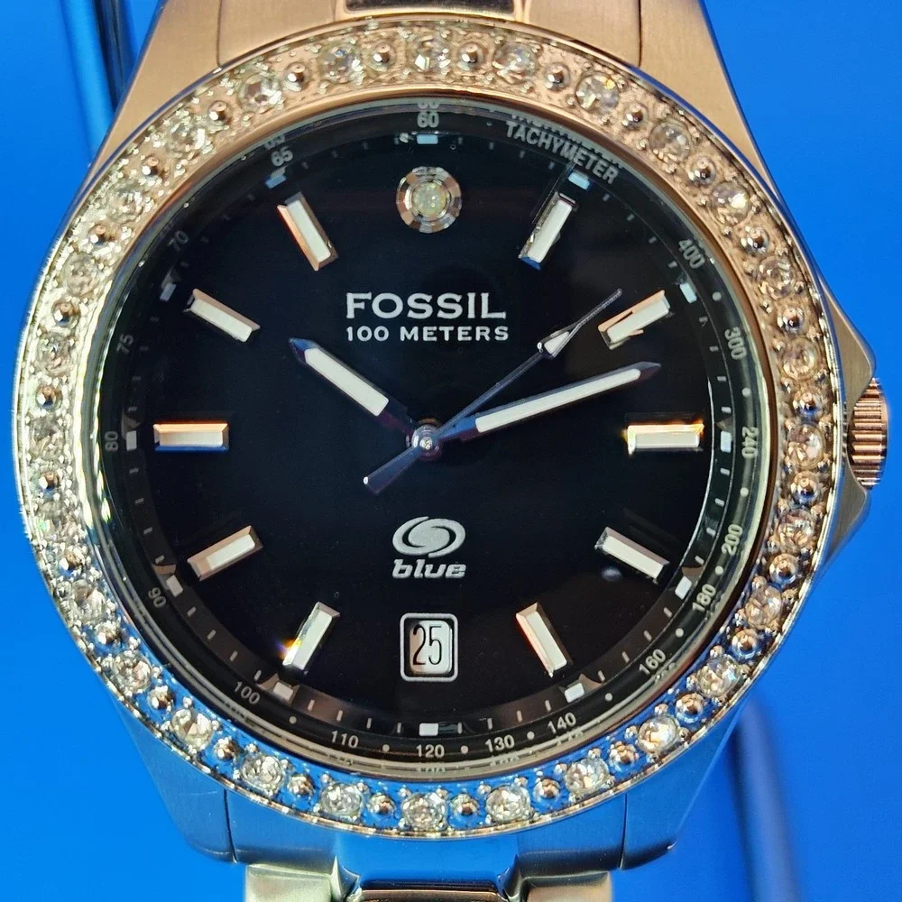 Vintage 2007 Fossil Blue Date Crystal Bezel 40mm Mens Quartz Watch Restored
